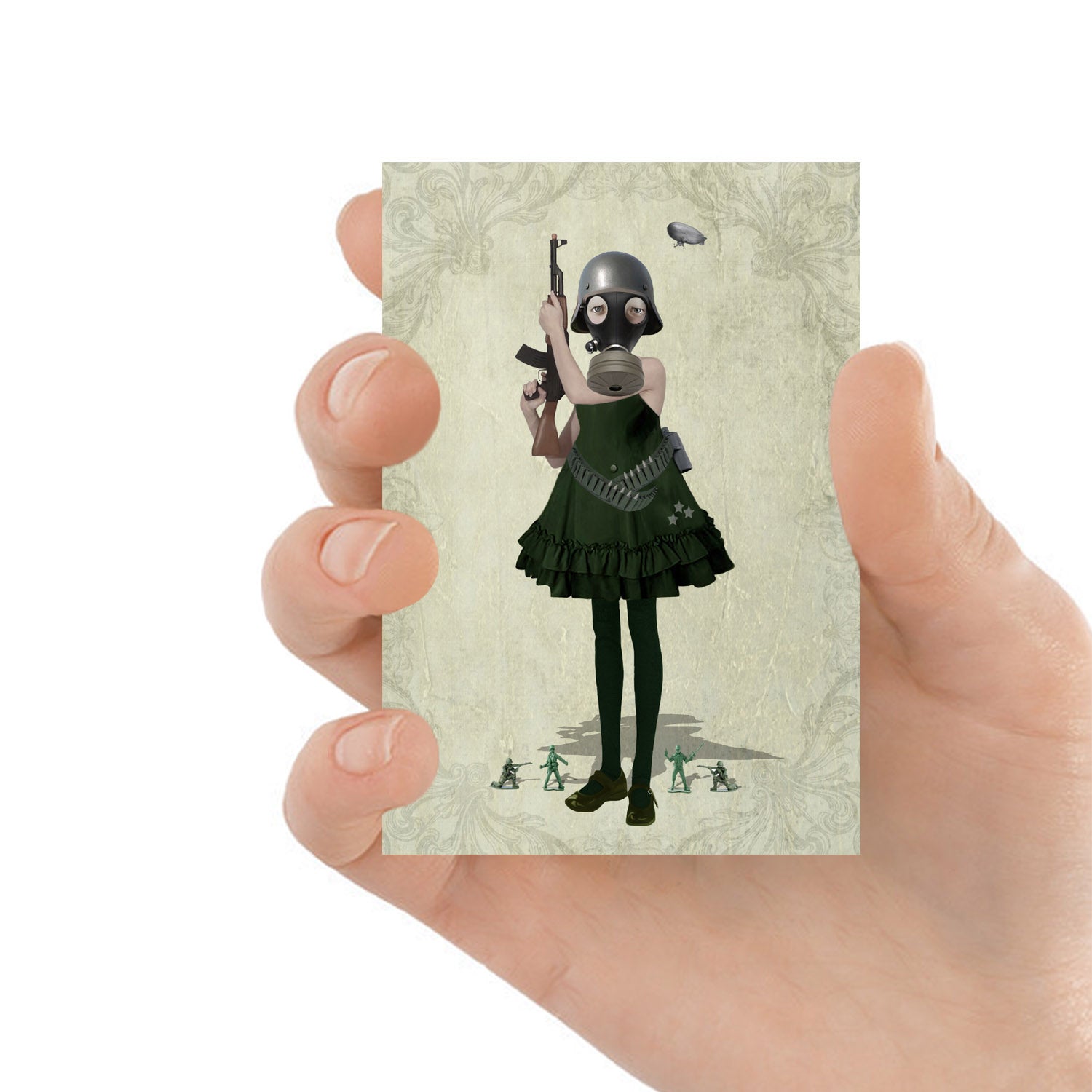 ACEO art card featuring a soldier girl surrounded by toy soldiers, held in hand— dystopian art style with dark, whimsical elements.