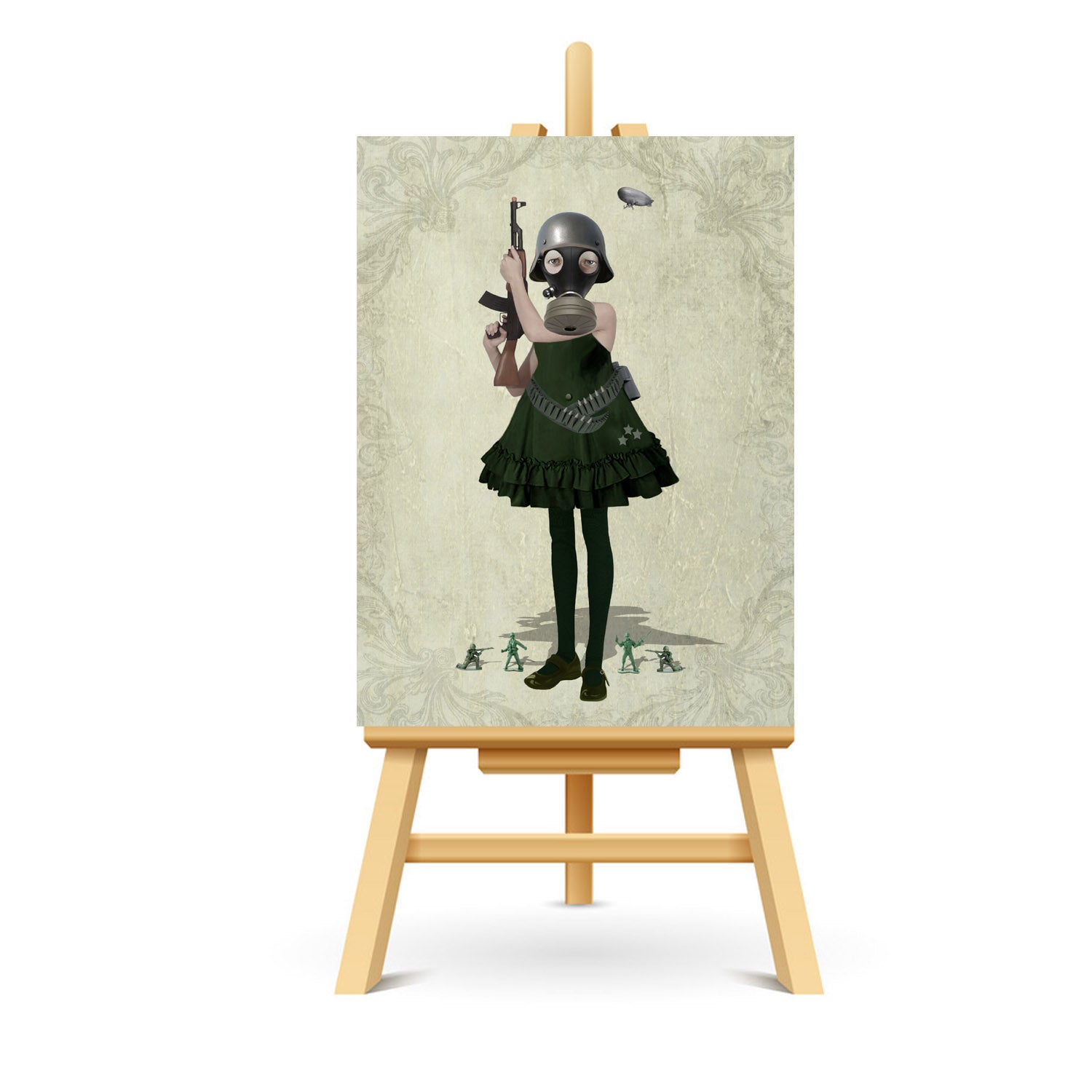 Soldier girl and toy soldiers ACEO art displayed on a stand. Miniature art print showcasing dystopian style.