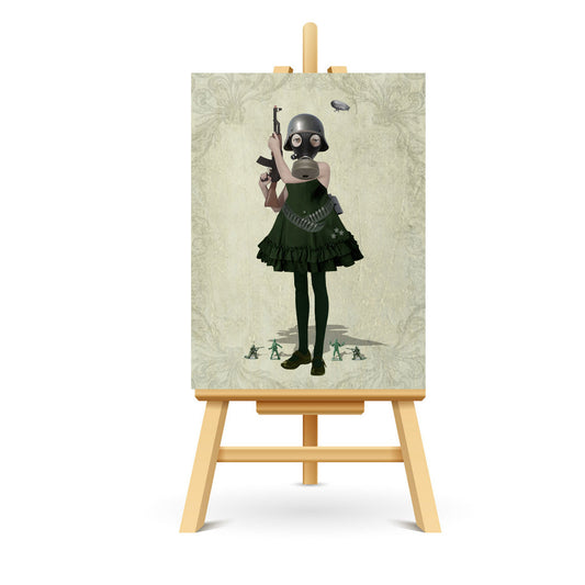 Soldier girl and toy soldiers ACEO art displayed on a stand. Miniature art print showcasing dystopian style.
