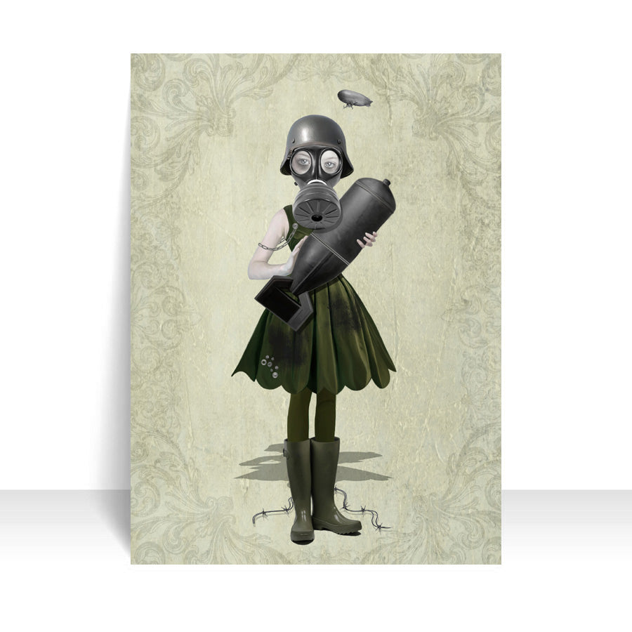 Close-up of soldier girl and bomb ACEO art card against a white background, highlighting its dystopian details.