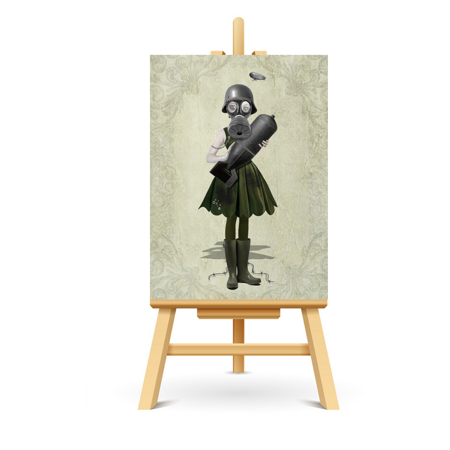 Soldier Girl And Bomb ACEO art displayed on a stand. Dystopian miniature art print showcasing post apocalyptic style.