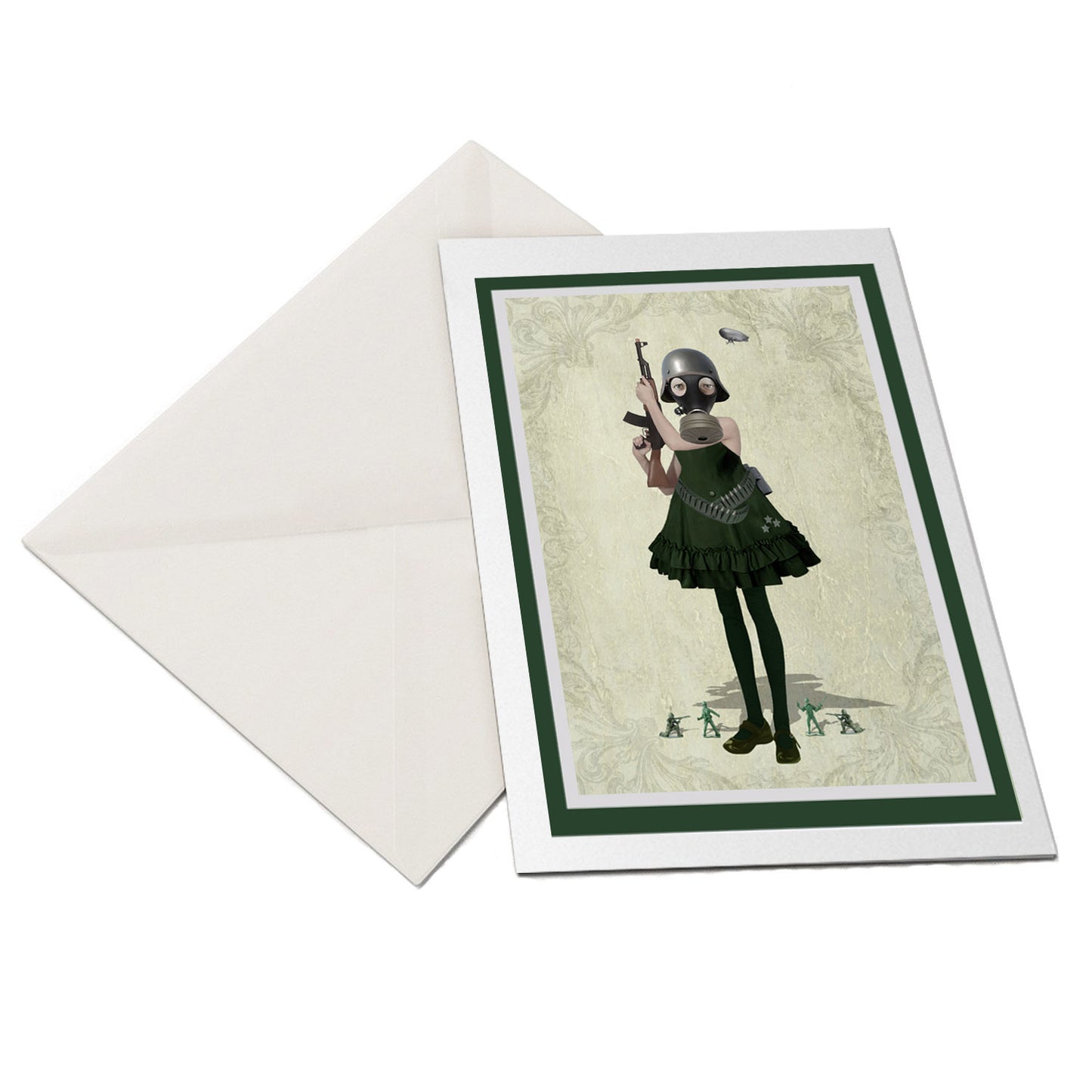 The flat-lay of the Soldier girl and rifle greeting card and matching envelope is ideal for any occasion.