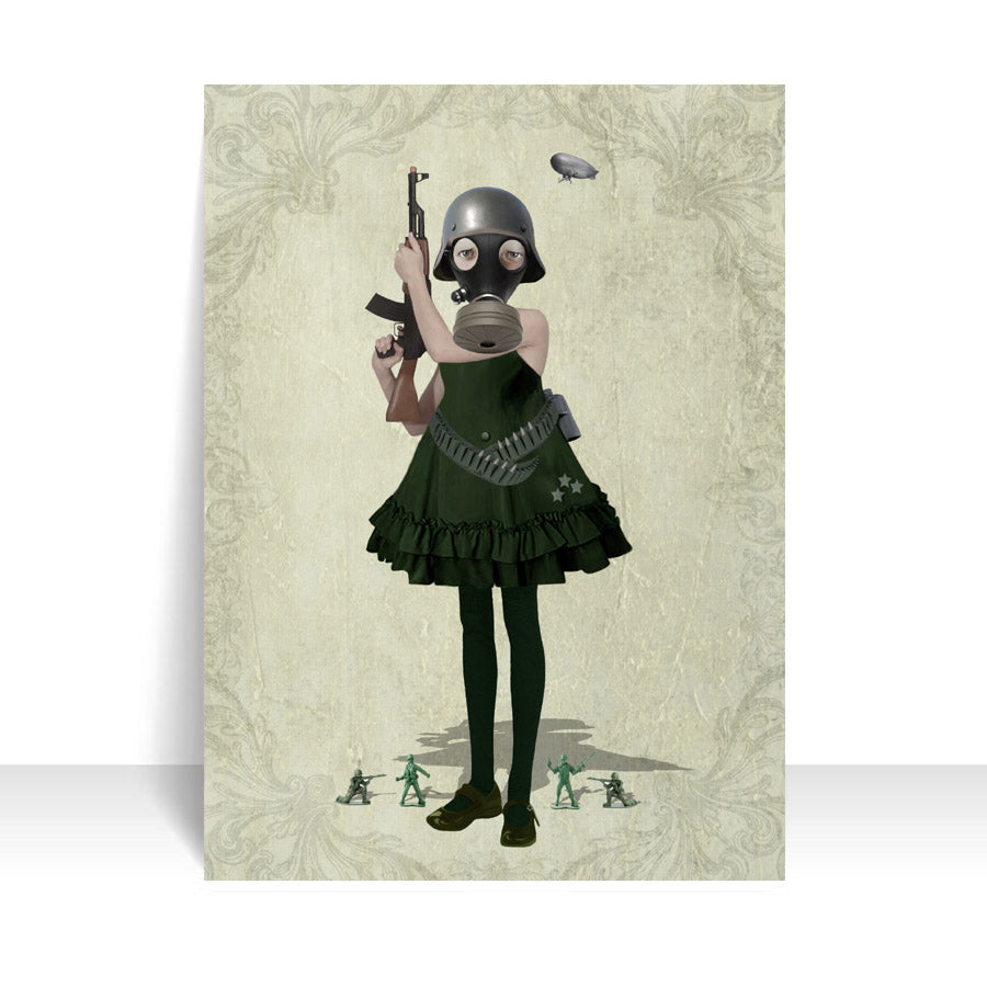 Close-up of soldier girl and toy soldiers ACEO art card against a white background, highlighting its intricate dystopian details.