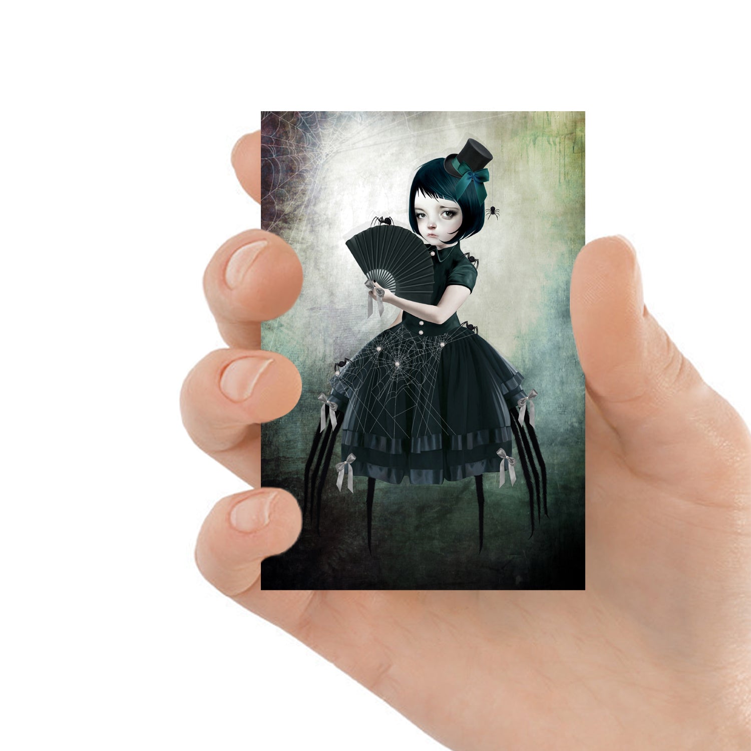 ACEO Artist Trading Card features a Creepy Cute Spider Girl, showcasing her arachnid lower half and surrounded by spiders