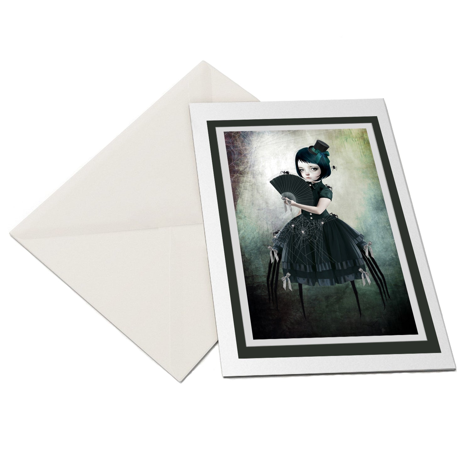 Gothic Art Greeting Card features a striking and mysterious black widow spider girl, beautifully dressed in gothic attire. 