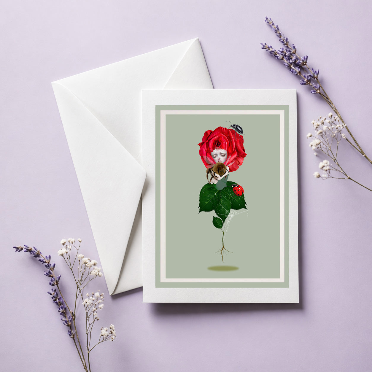 surreal rose art greeting card with envelope, blank inside for your message. Beautifully illustrated with intricate insects, it doubles as a print ready to frame.