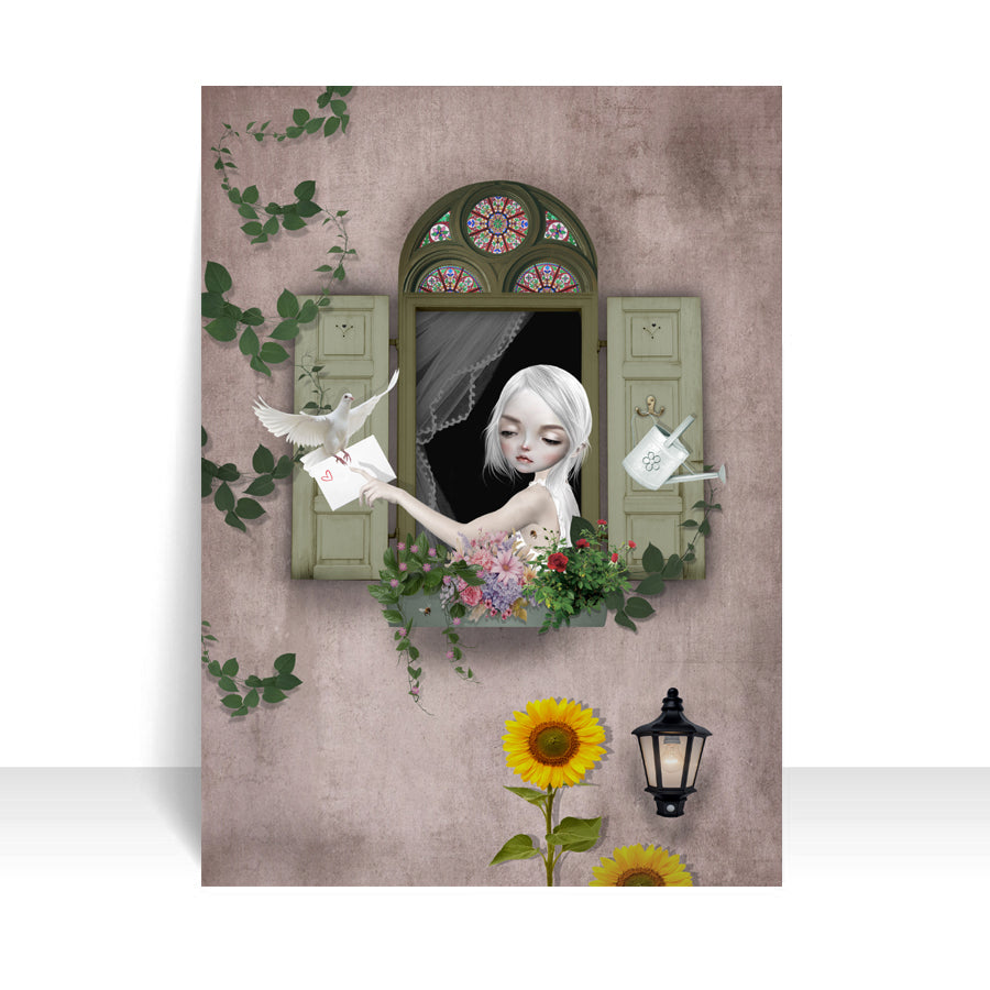 Captures the whimsical essence of summer with this ACEO, a girl at her window, surrounded by a blooming window box. A dove delivering a letter to her.
