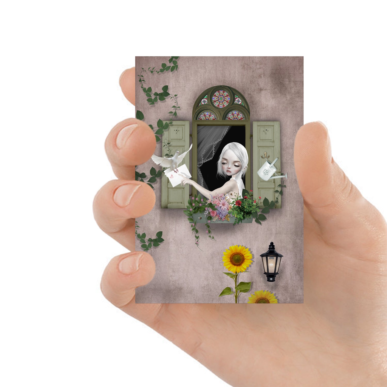 Summer ACEO art piece captures a girl at her window, surrounded by a blooming floral window box. A dove delivering a letter to her.