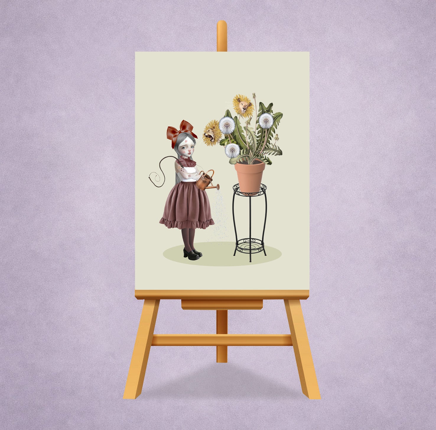 Surreal ACEO art card on a small display stand featuring a girl tending to a potted plant where vibrant dandelions transform into roaring and sleeping lion
