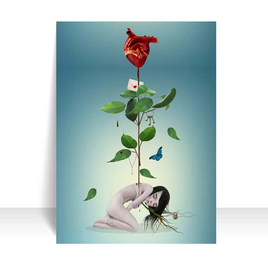 ACEO features a surreal depiction of a sad girl with a stem sprouting from her spine, creating an anatomical heart instead of a flower in bloom.