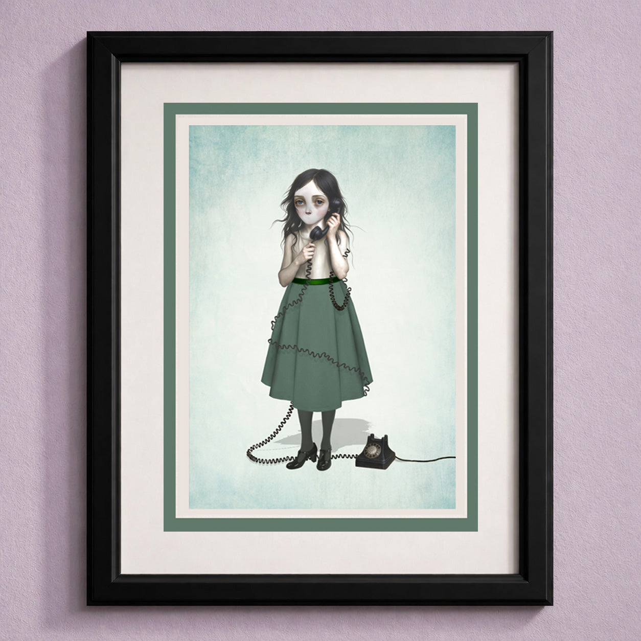 Framed art greeting card of a girl in a green dress holding a vintage phone on a light purple wall.