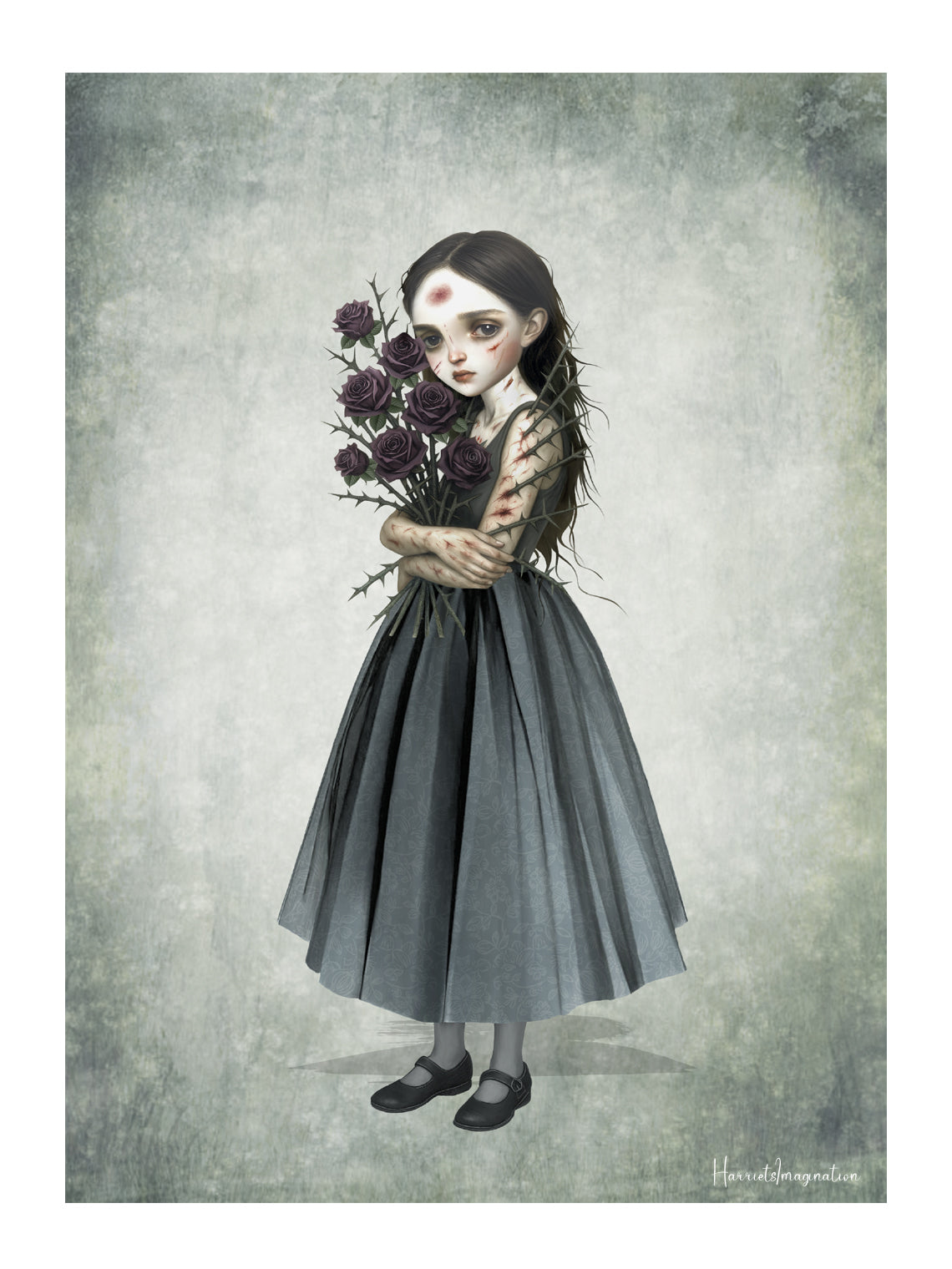 Unframed surreal art print of a girl holding a bouquet of thorny roses.