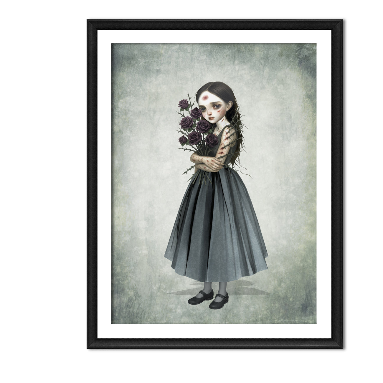 Surreal art print of a girl with a thorny rose bouquet, framed in black against a white background.