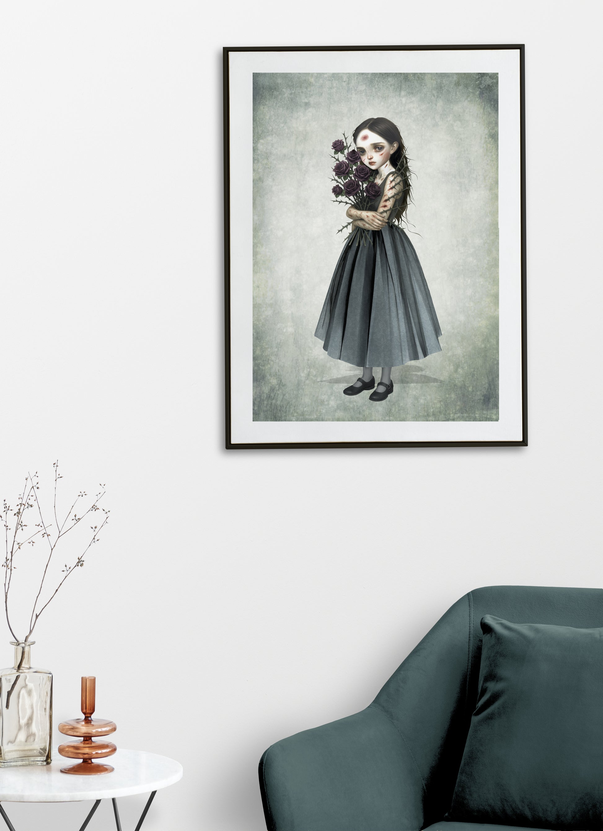 Surreal art print of a girl holding a thorny rose bouquet, framed and displayed on a living room wall.