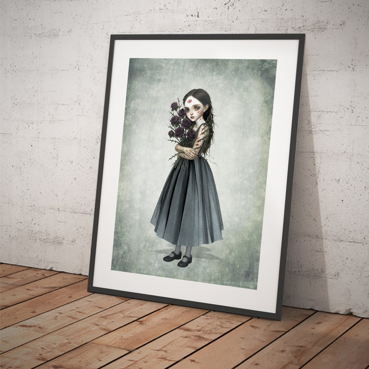 Surreal art print of a girl holding a thorny rose bouquet, displayed in a tilted black frame.