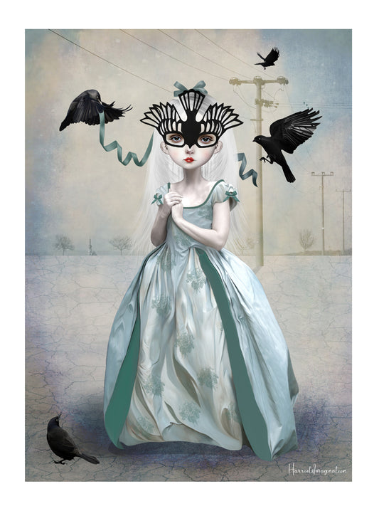 Blackbird art print featuring a girl in a blue gown adorned with a blackbird mask surrounded by blackbirds. 