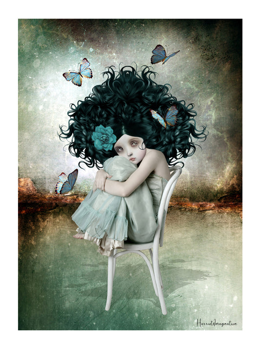 Surreal art print features a captivating image of a sullen girl with bouffant hair sitting on a chair, surrounded by fluttering butterflies