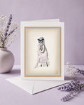 Greeting card with an illustration of a woman with oversized butterfly on her face.