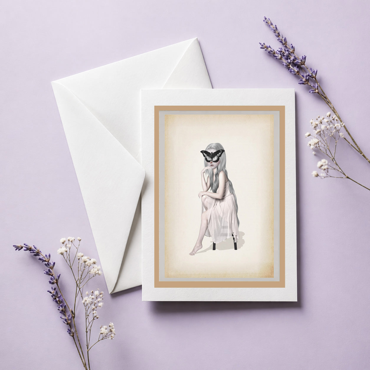 Art greeting card of a woman with butterfly covering her eyes on a purple background with an envelope and flowers.