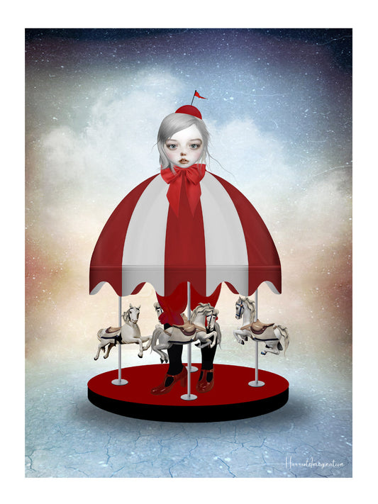 carousel girl surrounded by graceful horses  whimsical pop surrealism art print.