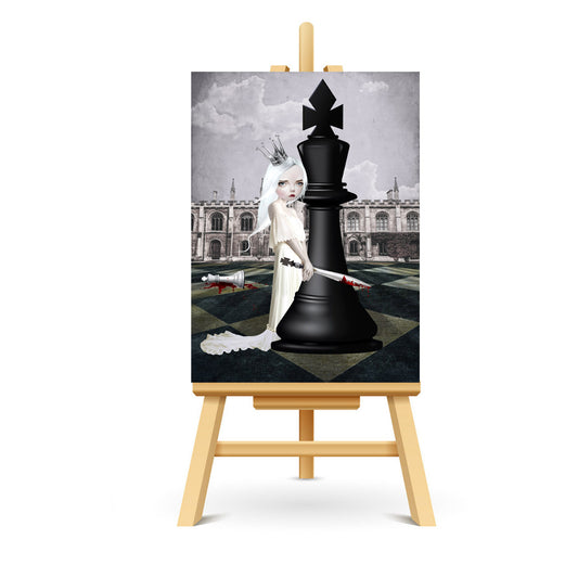ACEO Artist Trading Card features a surreal interpretation of a chess game, with a powerful white queen wielding a sword. As the lone survivor, she stands triumphantly over the slain white pieces, a symbol of betrayal and defiance. On her side, the black king watches as an unexpected ally.