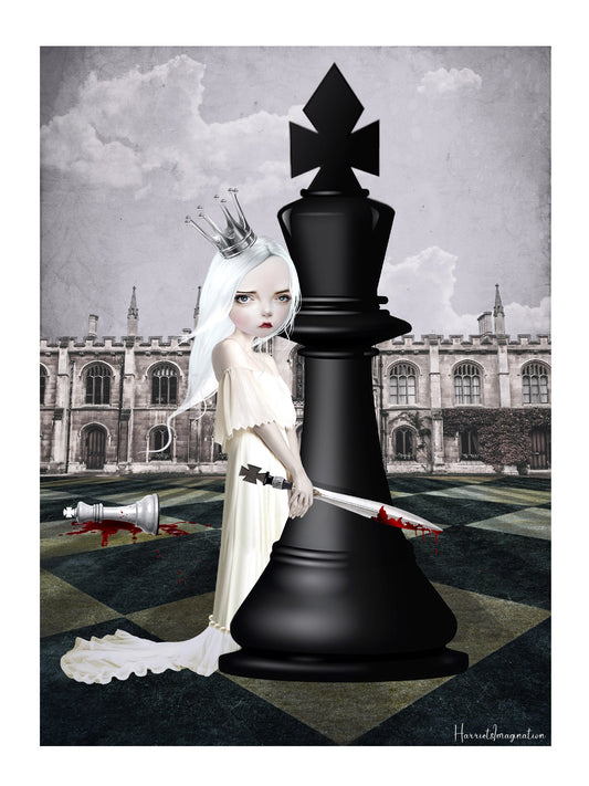 Surreal Chess Piece Art Print. A powerful white queen, wielding a sword, betrays her kingdom and tenderly caresses the black king chess piece.
