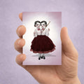  Creepy cute ACEO art print featuring a miniature dark surrealism illustration of conjoined twins sewing. 