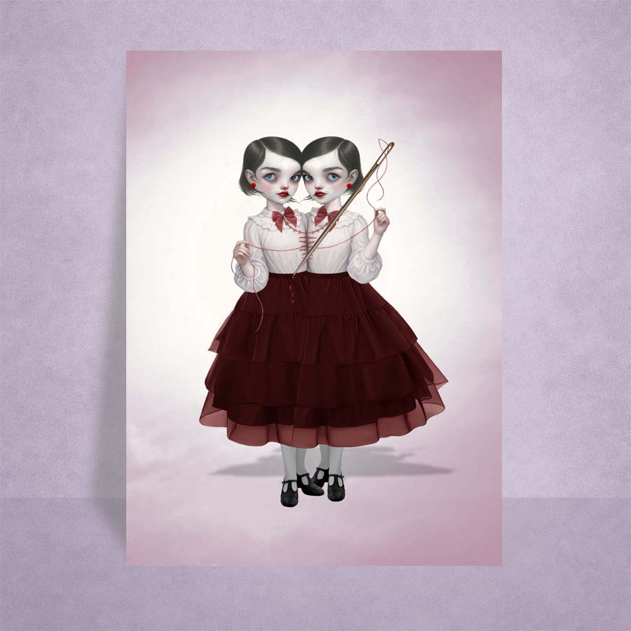 Collectible creepy cute ACEO art print displayed on a lilac background featuring a miniature dark surrealism illustration of conjoined twins sewing.