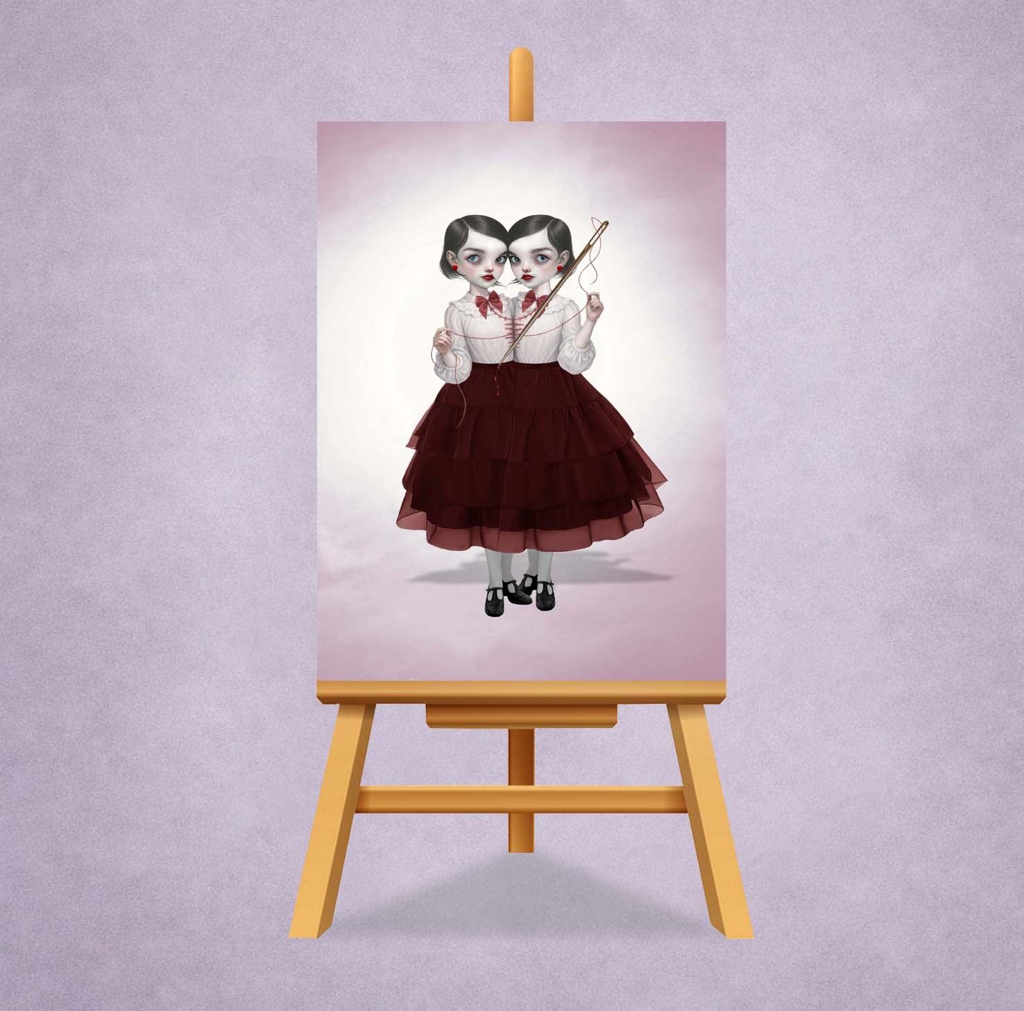 ACEO art print on a miniature display stand featuring a dark surrealism illustration of conjoined twins sewing.