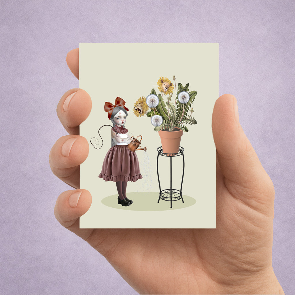 Surreal ACEO art card of a girl tending to a potted plant where vibrant dandelions transform into roaring and sleeping lions.