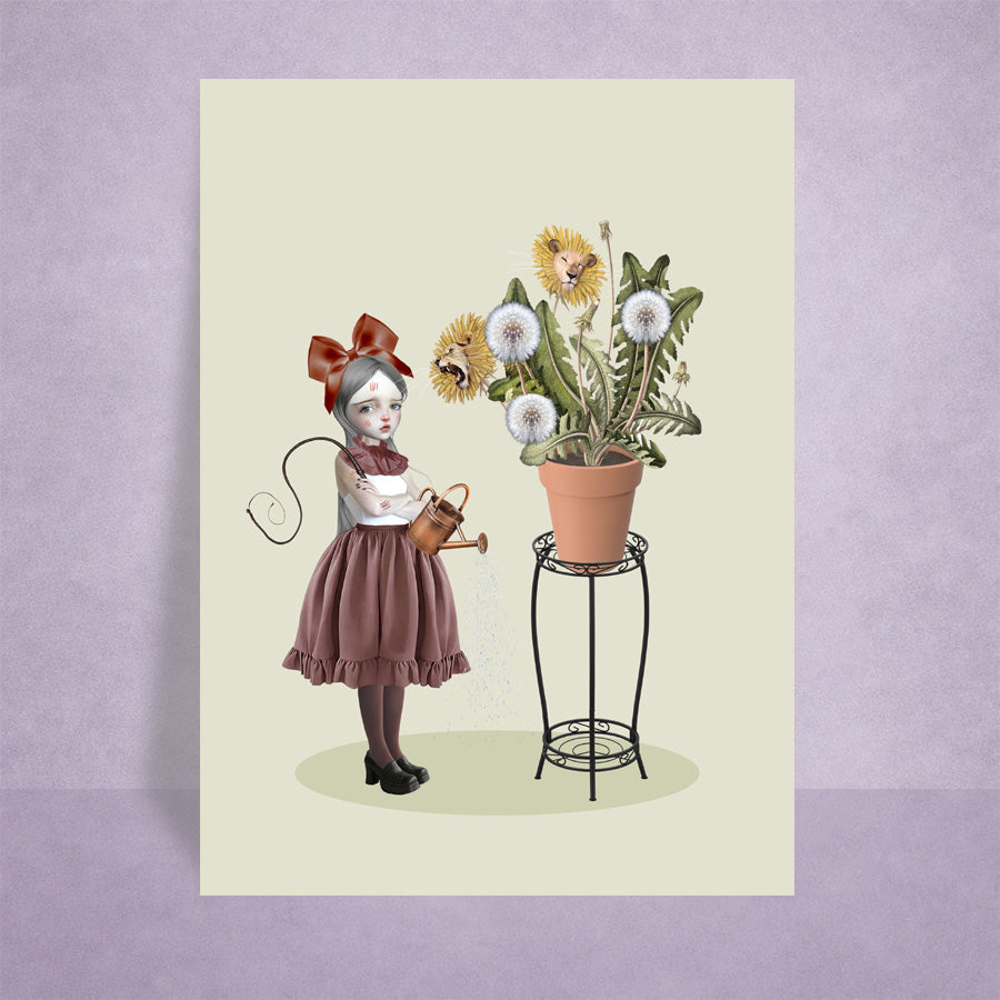 Surreal ACEO art card on a lilac background features a striking, surreal illustration of a girl tending to a potted plant where vibrant dandelions transform into roaring and