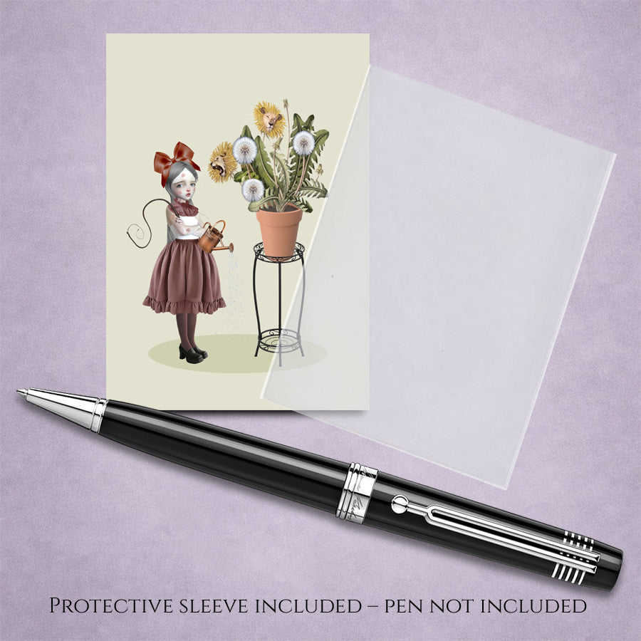 Surreal botanical ACEO art card with protective sleeve. illustration is of a girl and flowers, pen, and protective sleeve on a light purple background.