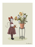 Surreal art print features a girl stands with a whip and a watering can, carefully tending to a potted plant where vibrant dandelions transform into roaring and sleeping lions.