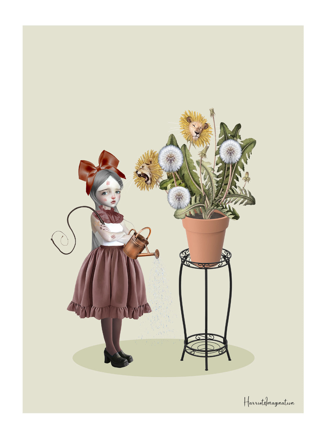 Surreal art print features a girl stands with a whip and a watering can, carefully tending to a potted plant where vibrant dandelions transform into roaring and sleeping lions.