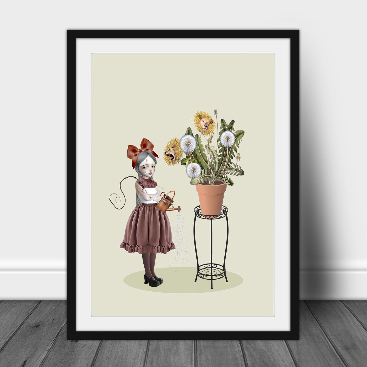 Surreal art print in an A3 frame features a girl stands with a whip and a watering can, carefully tending to a potted plant where vibrant dandelions transform into roaring and sleeping lions.
