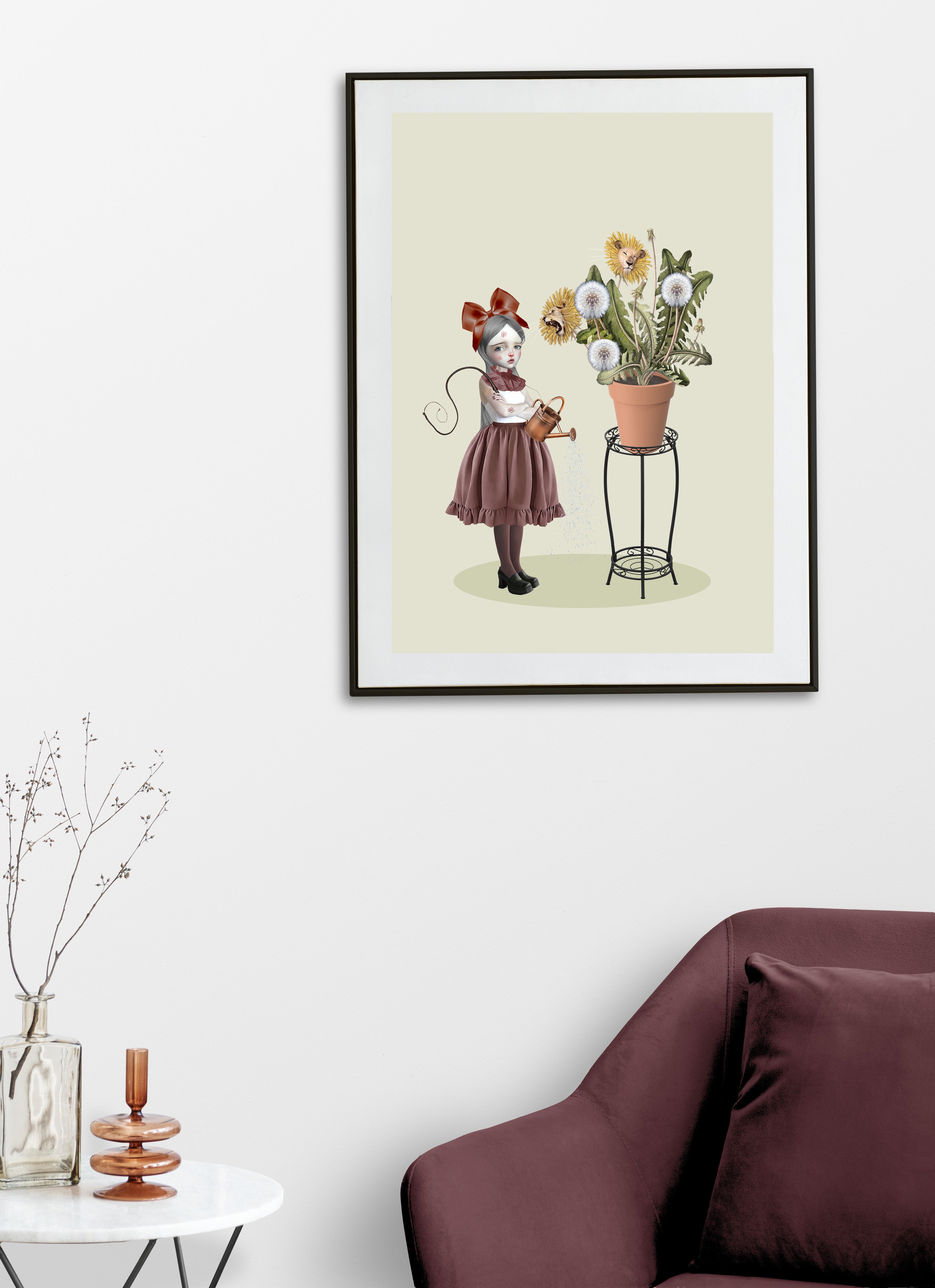 Framed art print on living room wall features a girl stands with a whip and a watering can, carefully tending to a potted plant where vibrant dandelions transform into roaring and sleeping lions.