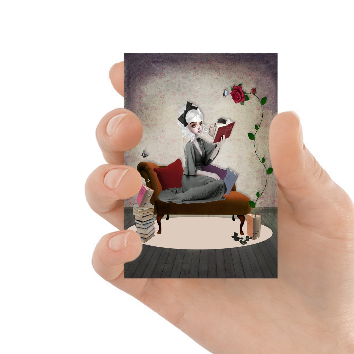 Whimiscal ACEO featuring a girl whose imagination knows no bounds. With every book she opens, a fantastical world comes to life.