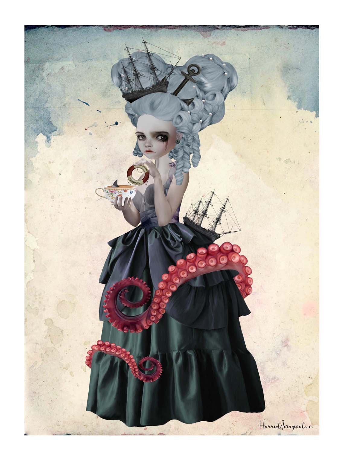 This dark whimsical nautical art print features Amphitrite, a sea goddess portrait with octopus tentacles and a tall ship.