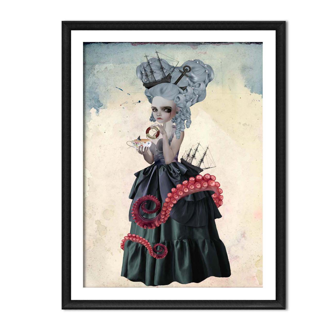 Amphitrite Sea Goddess Art Print - Gothic Fantasy Nautical Decor, Surreal Octopus Girl Portrait.