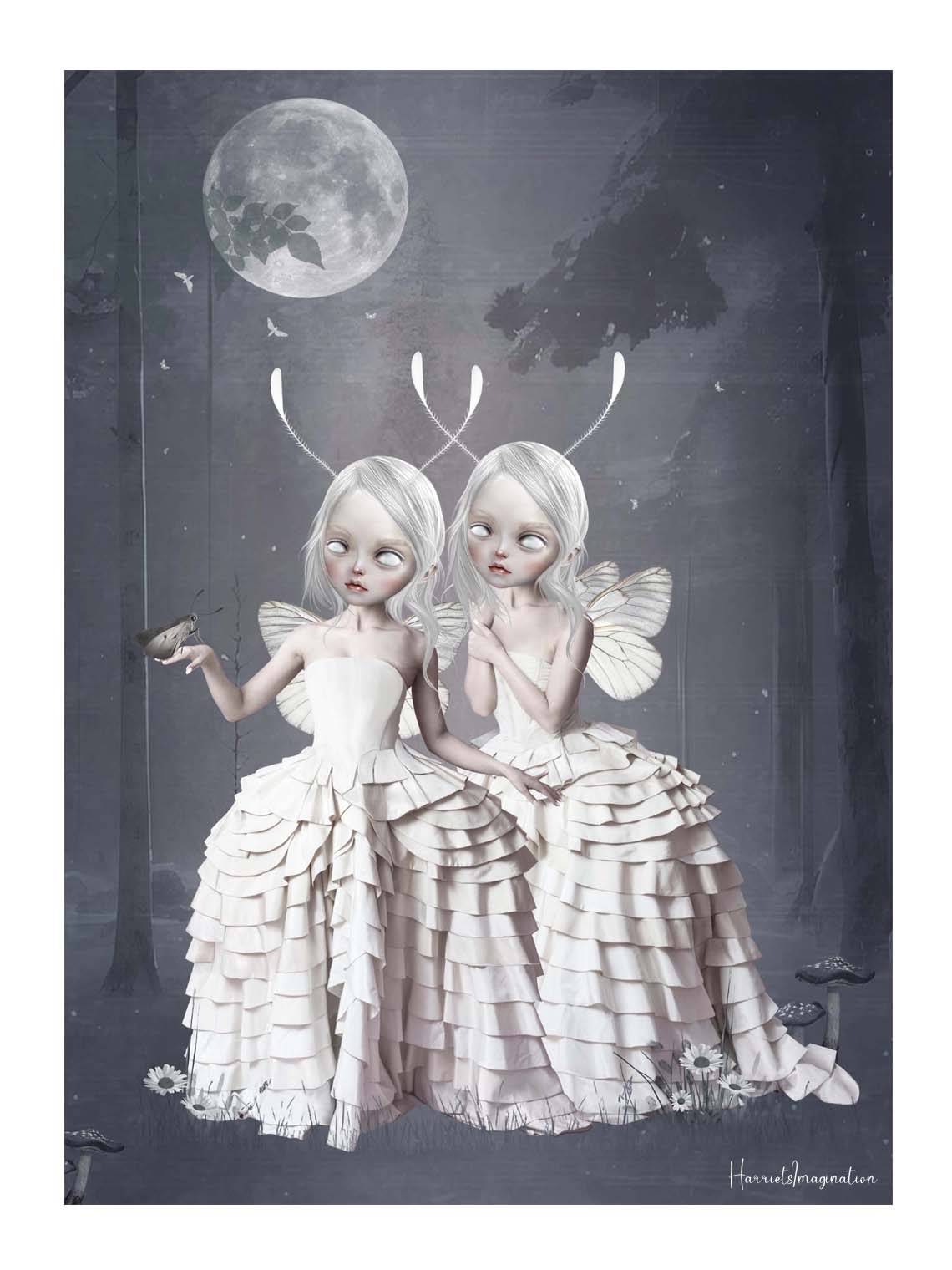 Surreal art print, image is  two Moth girls in an enchanted forest, with a moth gently landing on one moth girl's hand.
