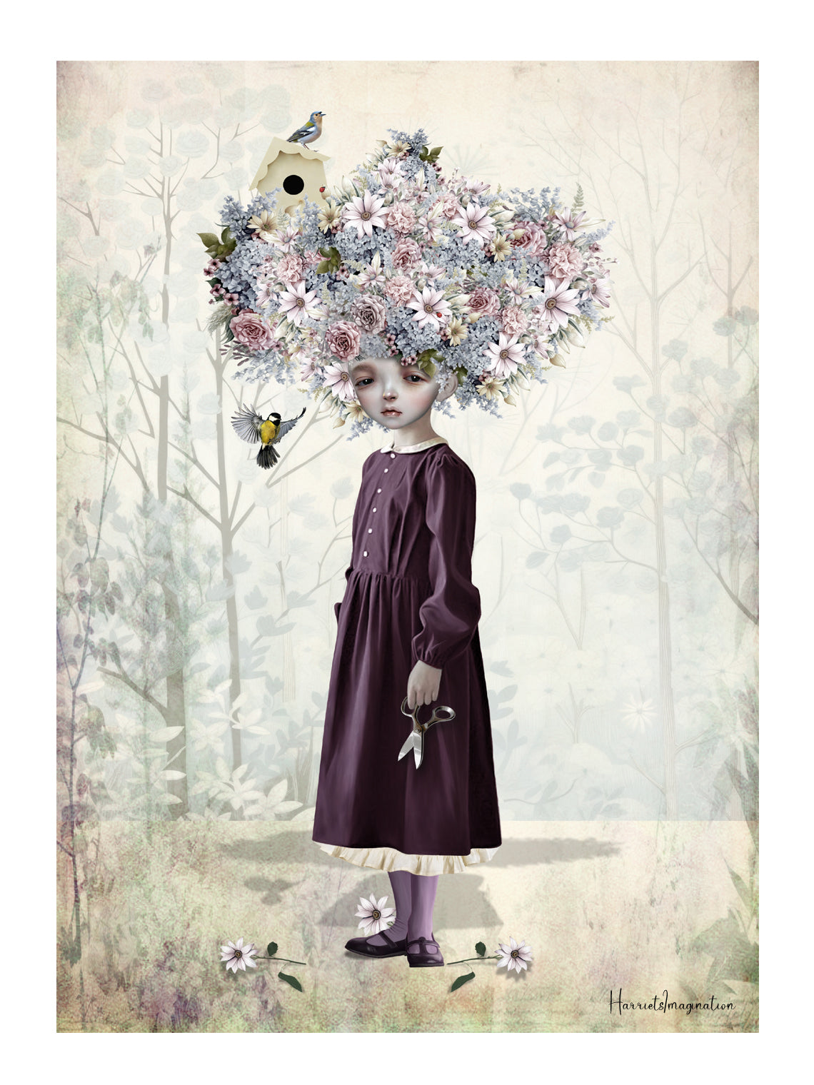 Surreal Flower Girl Art Print. Featuring a girl with a unique hairstyle made of wild flowers.