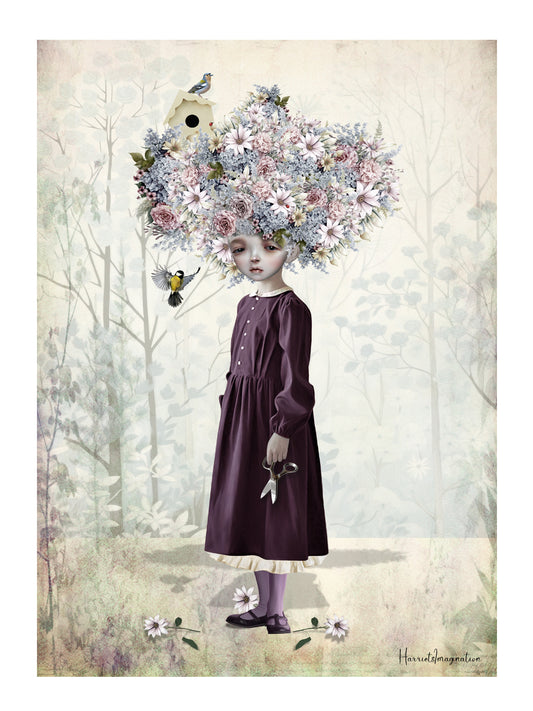 Surreal Flower Girl Art Print. Featuring a girl with a unique hairstyle made of wild flowers.