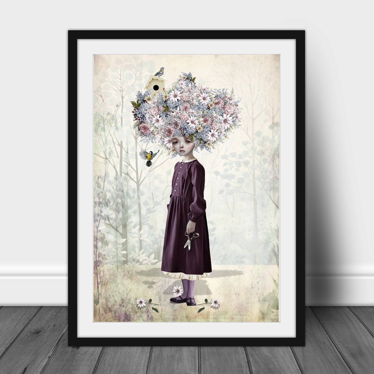 Framed artwork of  a girl with a giant crown of garden flowers.