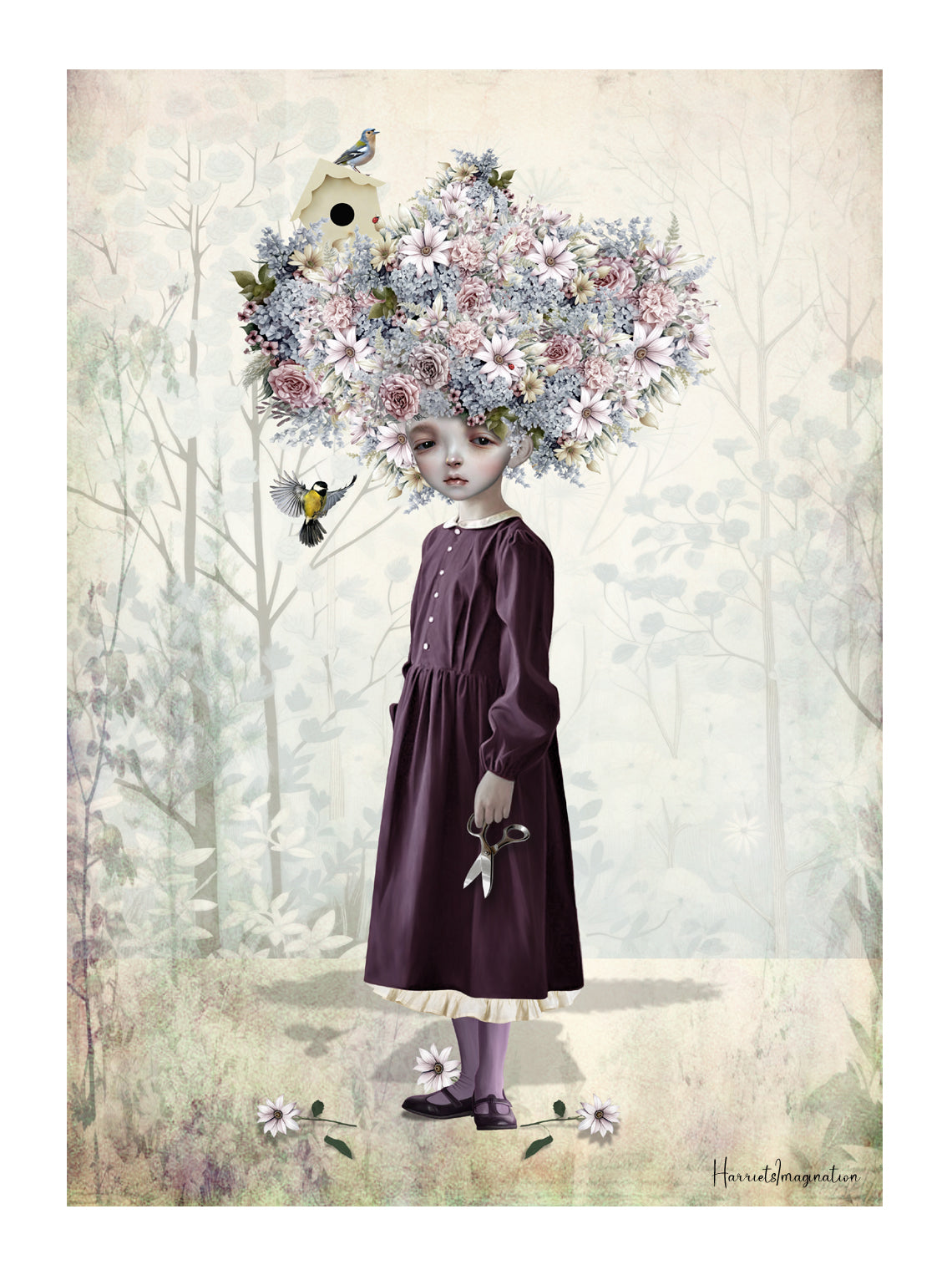 This surreal art print features a girl with a giant crown of garden flowers.