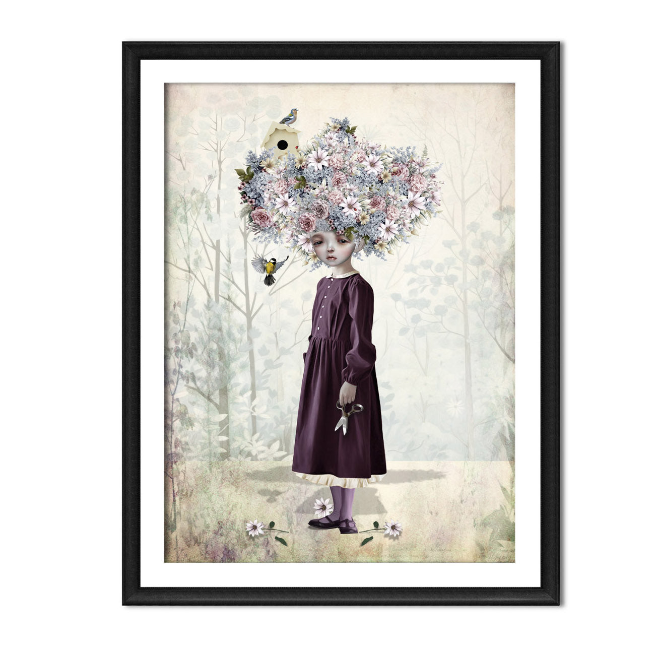 Surreal Flower Girl Art Print in a black frame. Featuring a girl with a unique hairstyle made of wild flowers.