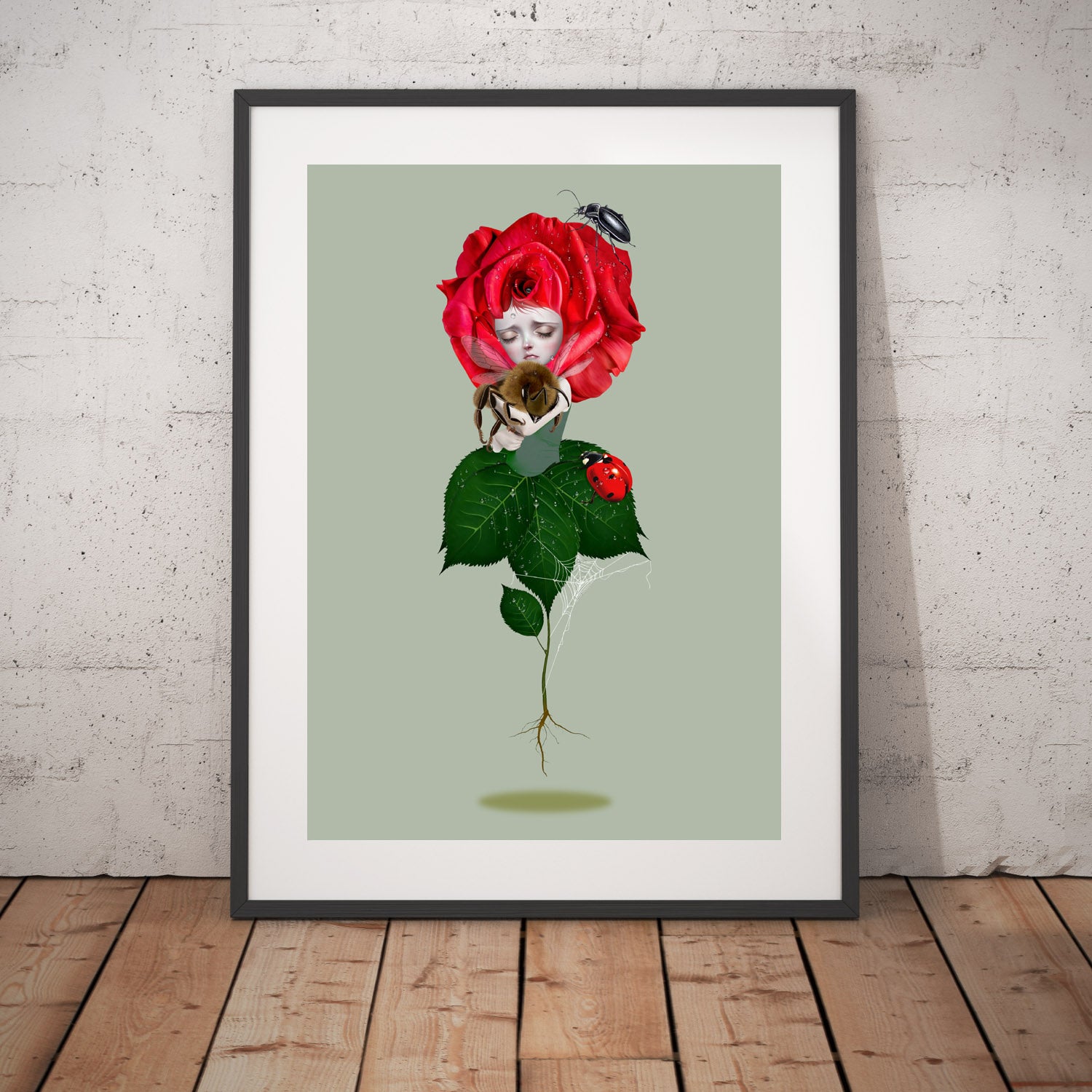 Framed surreal Floral Art Print captures the delicate beauty of a sad red rose and a bumblebee, evoking a sense of melancholy and loss.