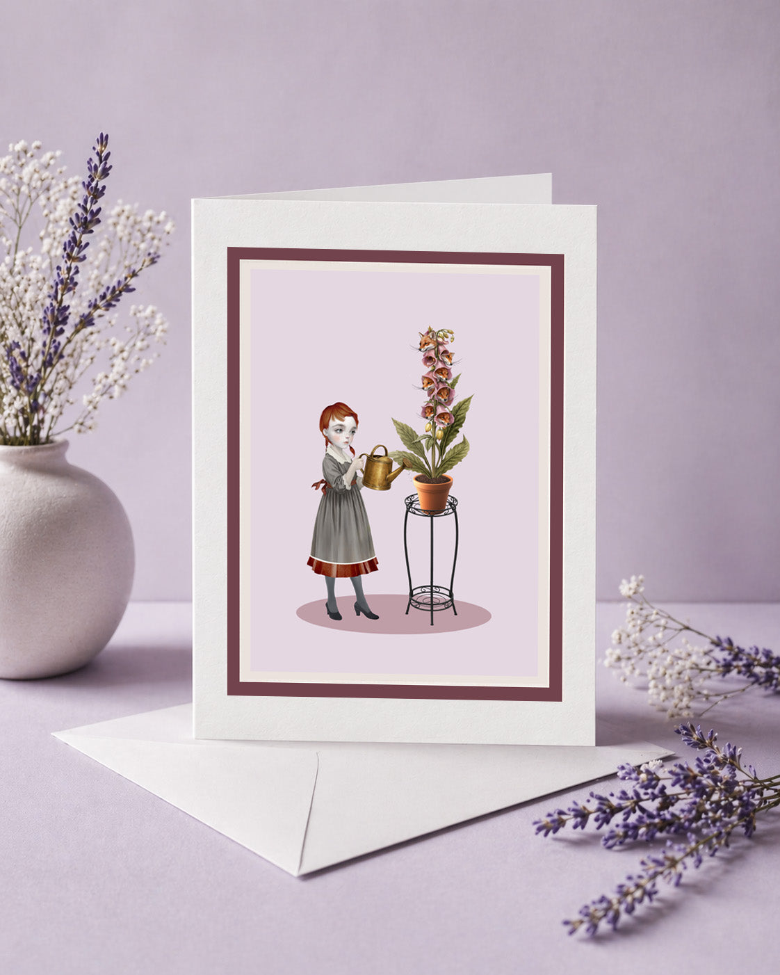 Greeting card with illustration of a girl watering foxglove plant with real fox heads on a purple background