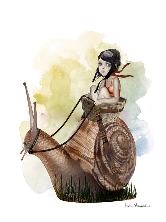 Surreal Garden Snail Art Print. This whimsical wall decor features an oversized garden snail with a playful girl riding on its back.