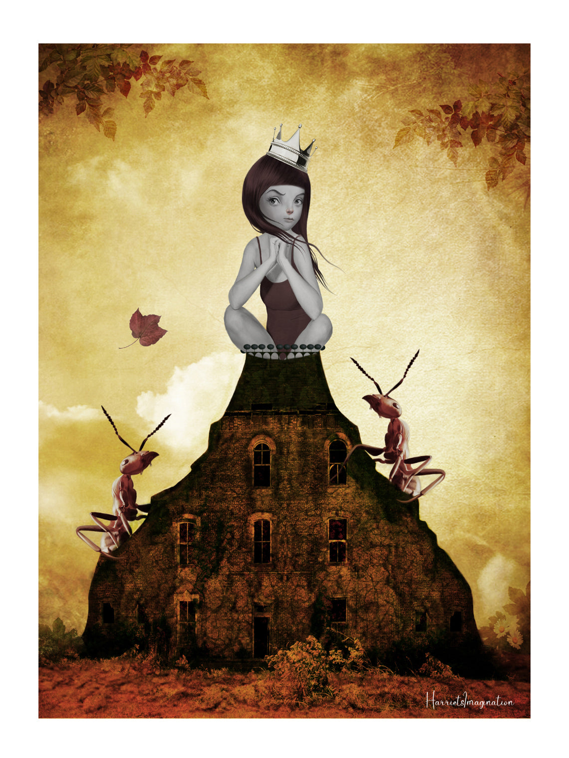 A surreal art print featuring a girl and red ants, displayed without a frame.