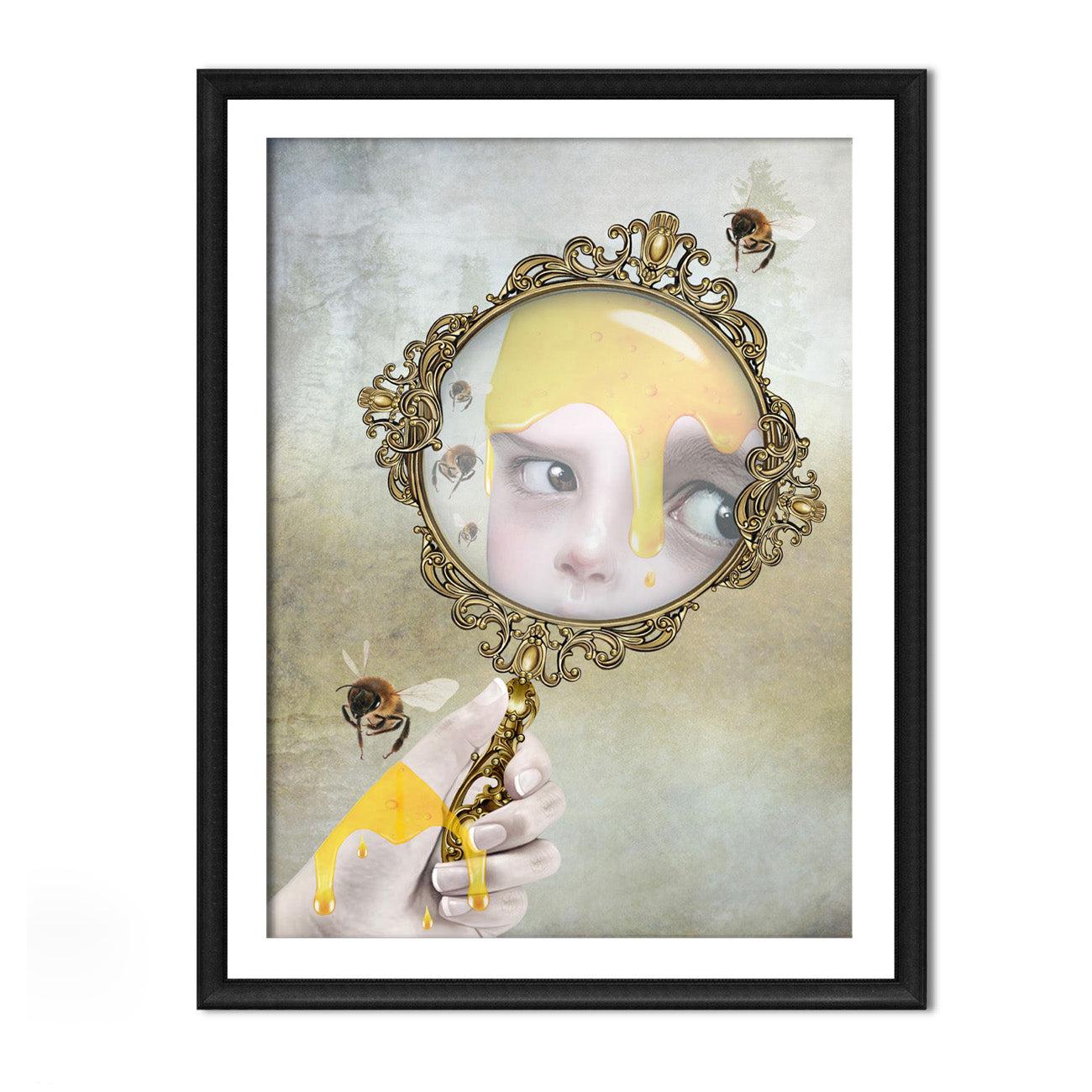 Surreal Honey Bee Art Print in a frame on a white background.